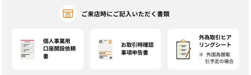 個人事業主の口座開設時、来店時に記入する書類